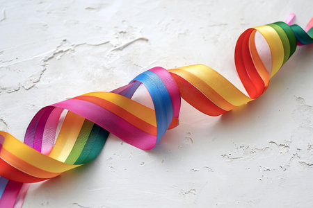 Rainbow ribbons on white textured background. Copy space.の素材