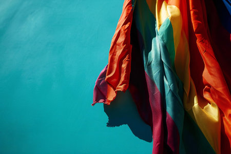 Rainbow fabric on a blue background. Selective focus. Copy space.の素材