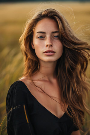 Portrait of a beautiful girl in a black dress on a wheat fieldの素材