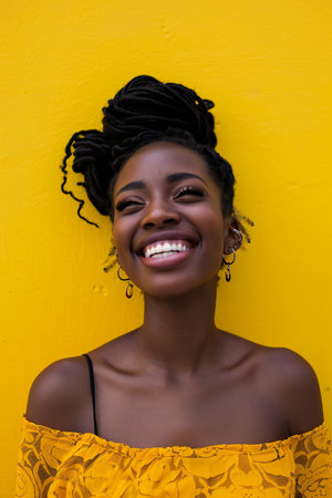 Portrait of a young african american woman smiling against yellow wallの素材
