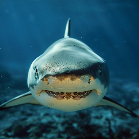 Picture shows a Tiger shark at the Bahamas, Bahamas. Shallow depth of field.の素材