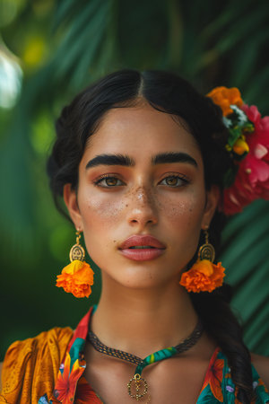 Close-up portrait of a beautiful young asian woman with tropical flowers in her hairの素材