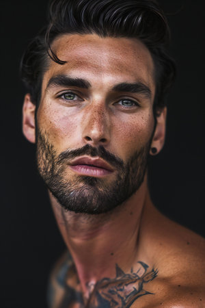 Portrait of a handsome young man with tattoo on his arm.の素材