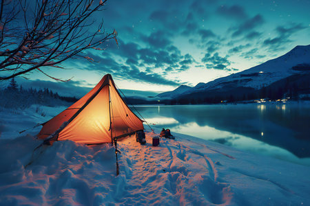 Camping on the shore of a lake at night in winter.の素材