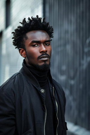 Handsome african american man with afro hairstyle, wearing a black jacket, standing on the street.の素材