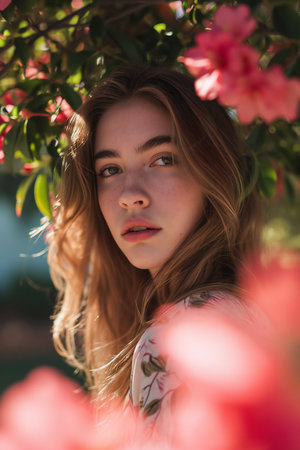 Portrait of a beautiful girl with long hair in a flowering gardenの素材