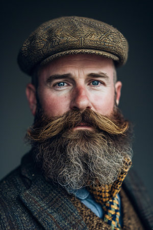 Portrait of a handsome man with long beard and mustache wearing a capの素材