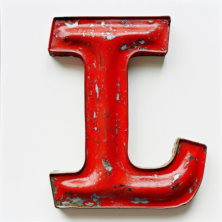 letter of the alphabet made of red painted metal on a white backgroundの素材