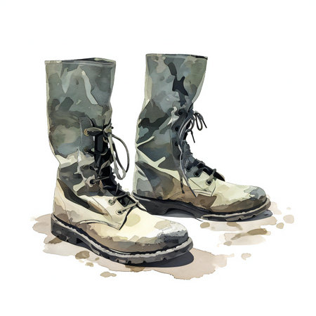 Watercolor illustration of a pair of hiking boots on a white backgroundの素材