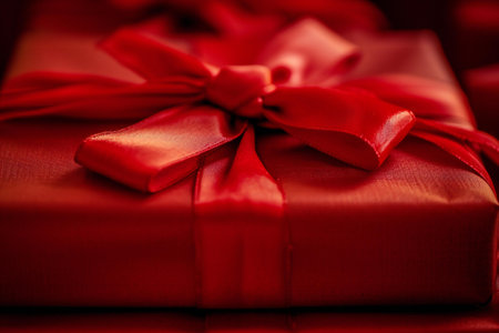 Red gift box with red bow on red background, close-upの素材