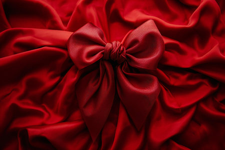 Red satin ribbon as background, closeup. Festive decorationの素材