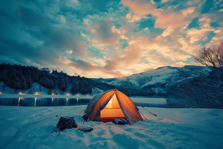 Camping on the shore of a frozen lake in the mountains.の素材