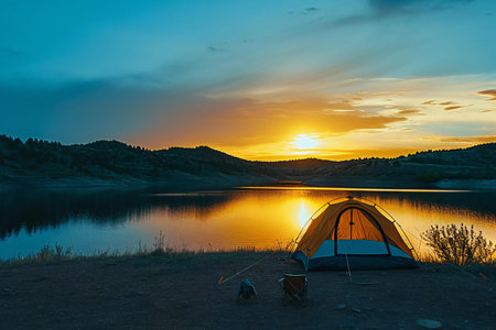 Camping on the bank of the lake at sunset in the mountainsの素材