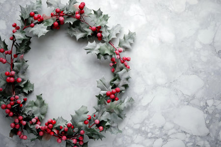 Christmas wreathle background, top view. Space for textの素材