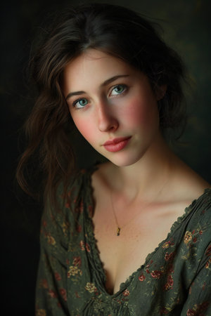 Portrait of a beautiful young woman in a green dress on dark backgroundの素材