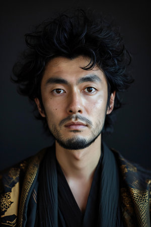 Portrait of a handsome asian man in black kimonoの素材