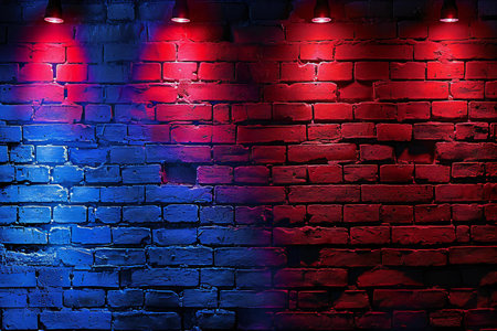 Red and blue neon lights on a brick wall. Background image.の素材