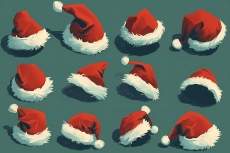 Set of Santa Claus hats isolated on green background.の素材