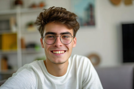 Portrait of a smiling young man with eyeglasses at homeの素材