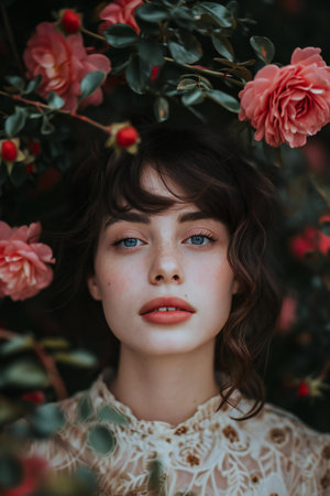 portrait of a beautiful girl in a blooming garden with pink rosesの素材