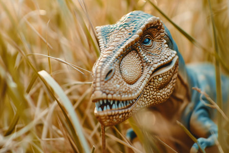 Close-up of a dinosaur model in the grass. Selective focus.の素材