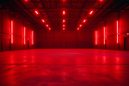 Empty warehouse interior with red glowing neon lights.の素材