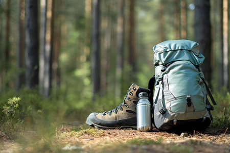 Hiking backpack and water bottle in the forest. Travel and adventure concept.の素材