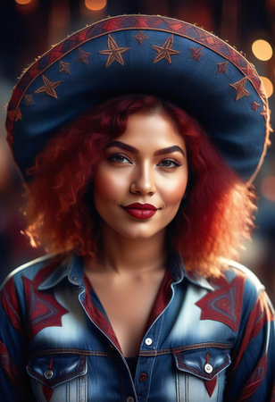 Fashionable young woman with red hair in a cowboy hat.の素材