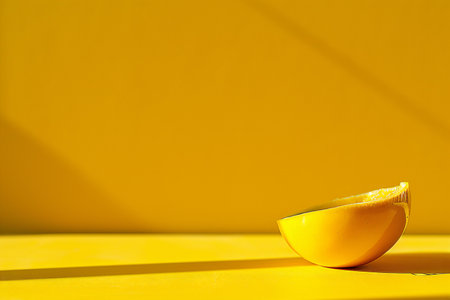 Lemon slice on yellow background. Minimal summer concept with copy space.の素材
