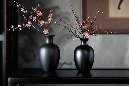 Vase with blossoming branches on table in room. Interior designの素材