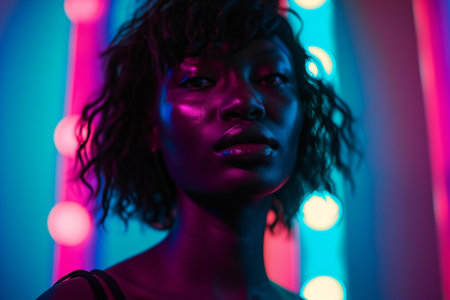 Portrait of a beautiful african american woman in neon lightの素材