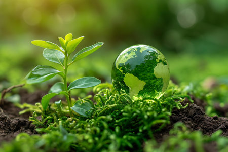 Globe with green plant in the soil. Environment conservation concept.の素材