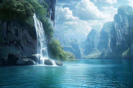 Beautiful waterfall in the middle of the forest and blue sky.の素材