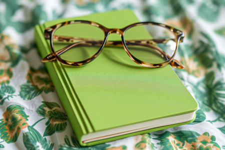 Glasses and book on the background of a green patterned fabricの素材