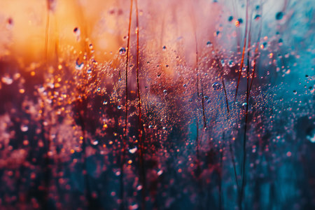 Dew drops on the grass at sunset. Abstract natural background.の素材