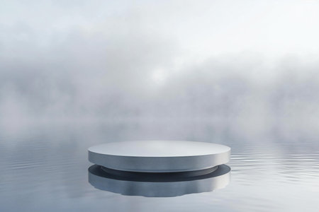 a white podium on a foggy lake backgroundの素材