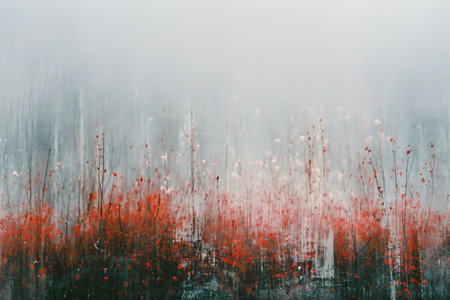 Foggy forest in the morning. Abstract background with red flowersの素材