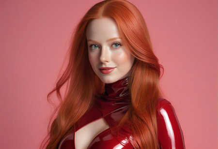 Red-haired girl in a red latex suit on a pink backgroundの素材