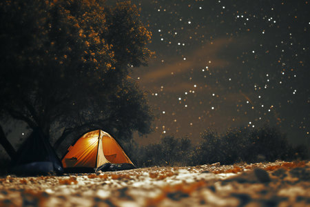 Camping tent in the forest at night with starry sky.の素材