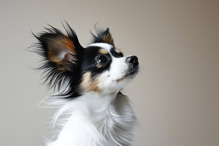 portrait of a cute purebred papillon dog on a gray backgroundの素材