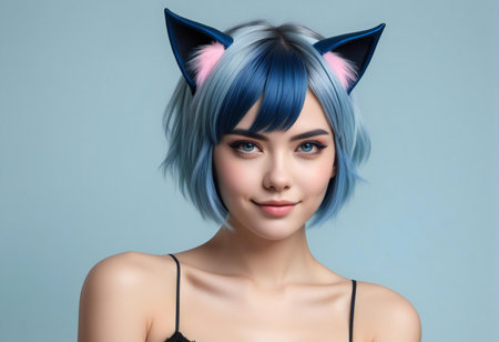 Portrait of a beautiful girl with blue hair in a cat costumeの素材