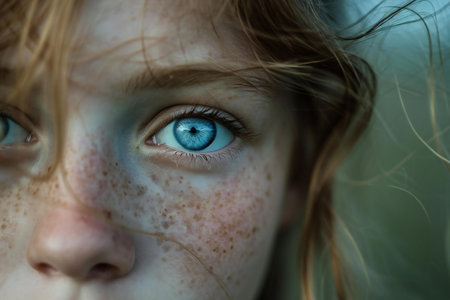 Close up portrait of a girl with freckles and blue eyesの写真素材 ...