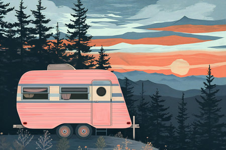 RV camper trailer in the mountains. Illustration in vintage style.の素材