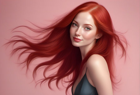 Beautiful young woman with long red hair. Portrait of a girl with red hair.の素材