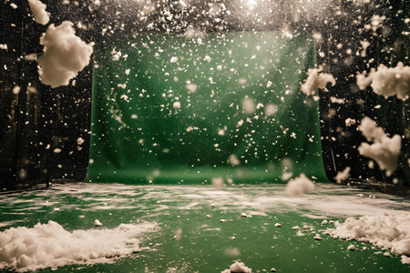 Falling snowflakes on green background. Snowfall. Winter concept.の素材