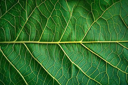 Green leaf texture background. Closeup of green leaf texture with veinsの素材