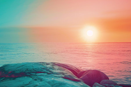 Beautiful seascape. Sunset over the sea. Color toning applied.の素材
