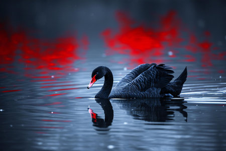 Black swan swimming on a lake with red water and reflection.の素材