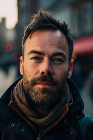 Portrait of a handsome bearded man in the city. Men's beauty, fashion.の素材