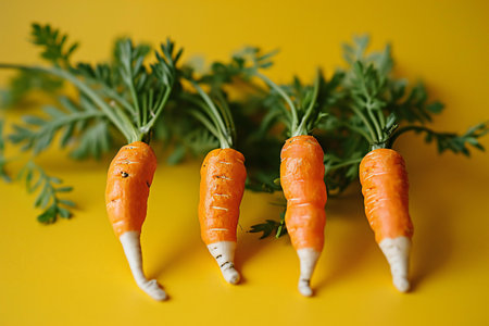 Fresh carrots with green leaves on yellow background. Healthy food concept.の素材